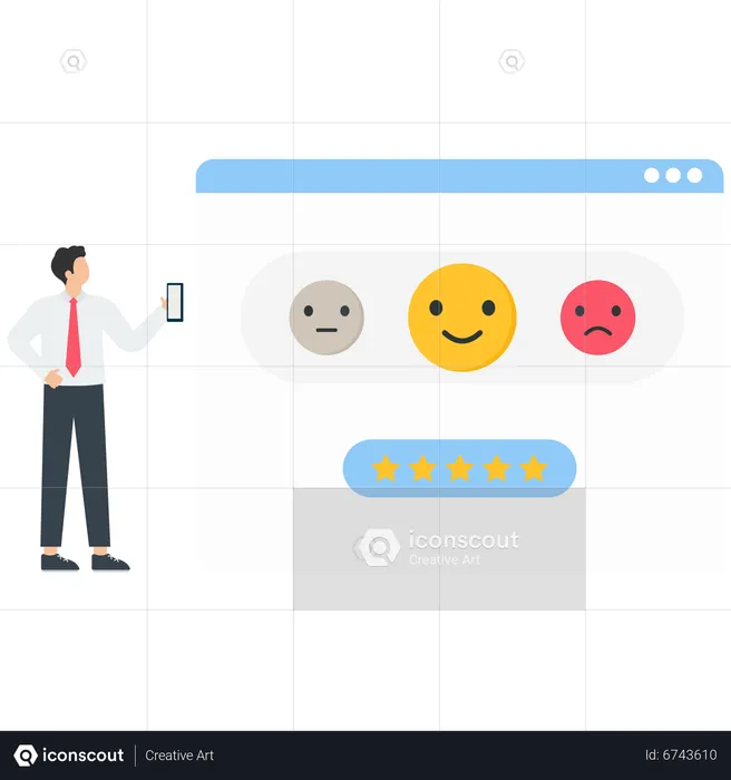 Characters giving review to customer service operator and choosing emoji to show satisfaction rating  Illustration