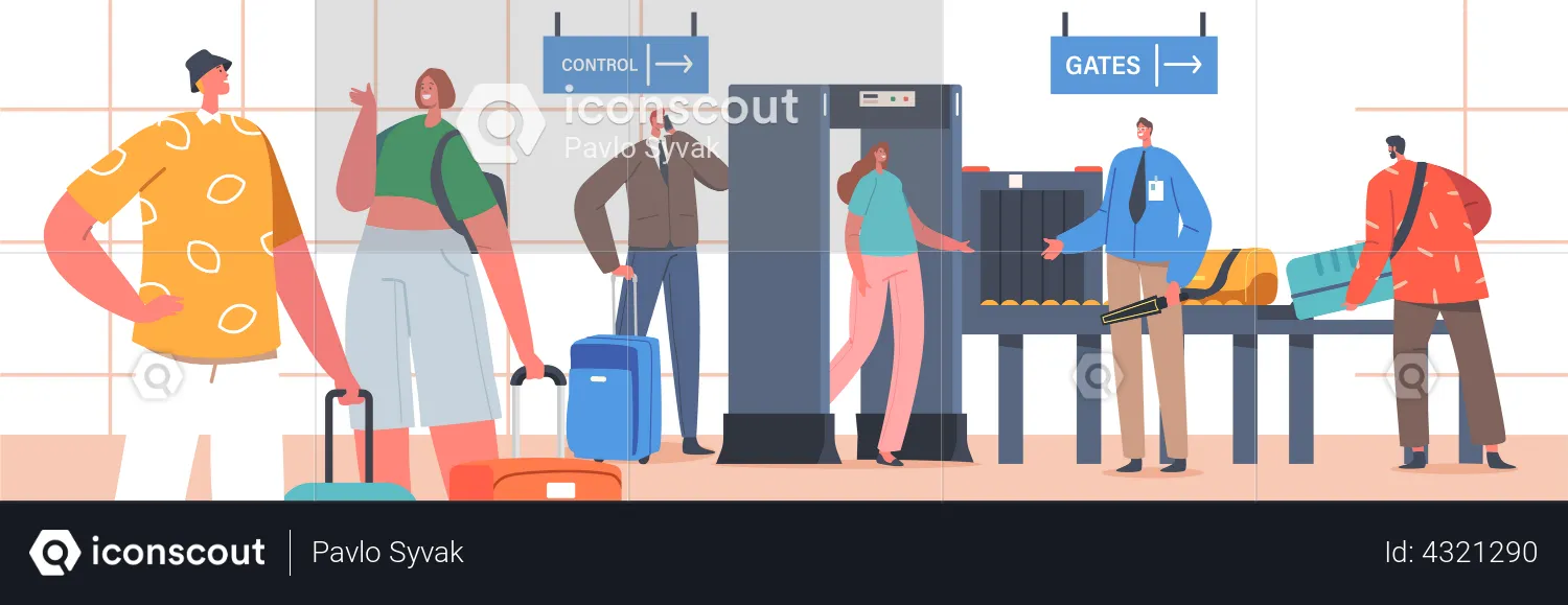 Characters in Airport Pass through Metal Detector Security  Illustration
