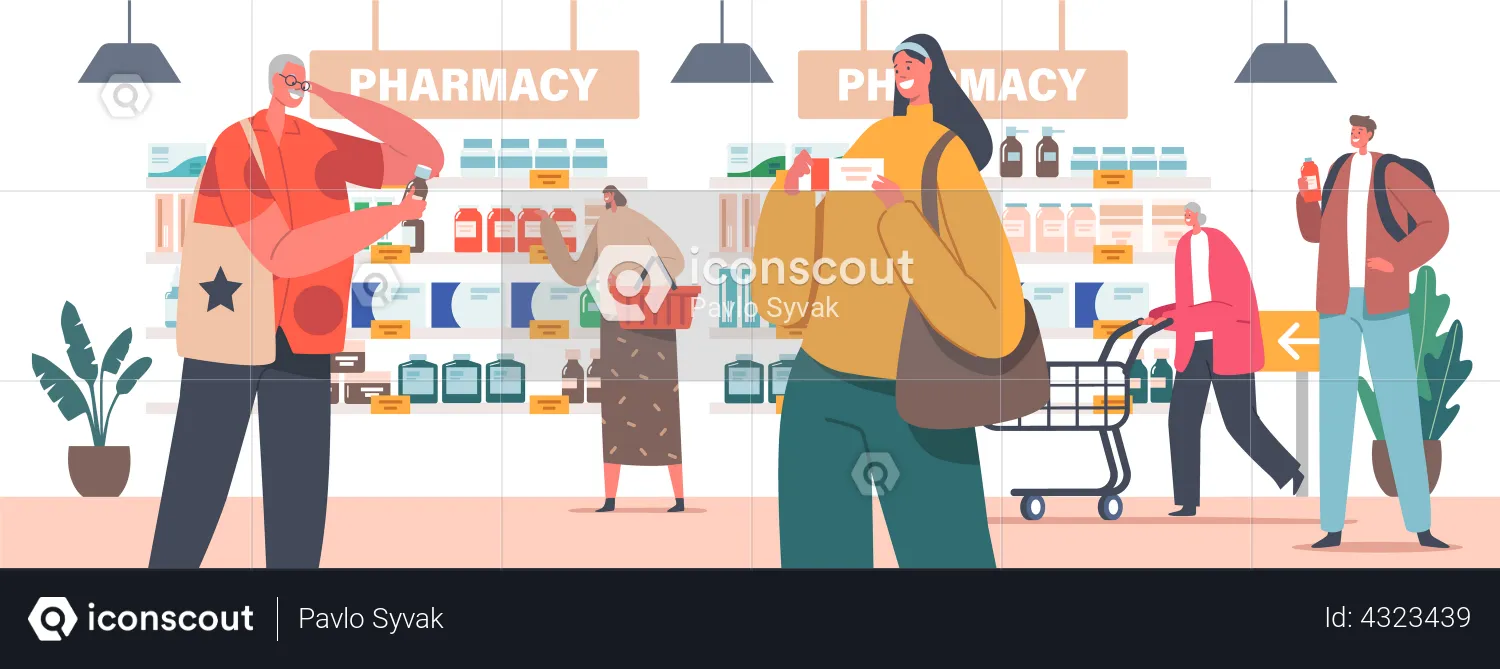 Characters Purchase Drugs in Pharmacy Store  Illustration