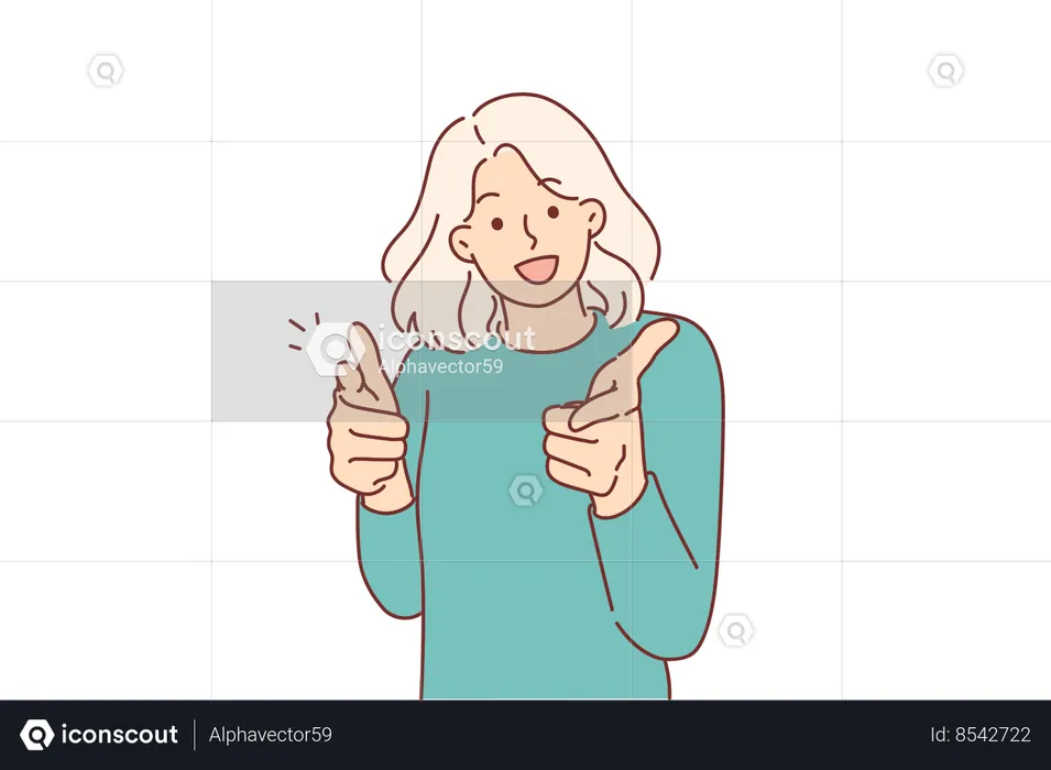 Charismatic woman points fingers at screen asking how to help you  Illustration