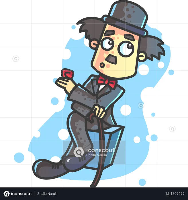 Charlie Chaplin sitting withholding rose and walking stick on valentines day  Illustration
