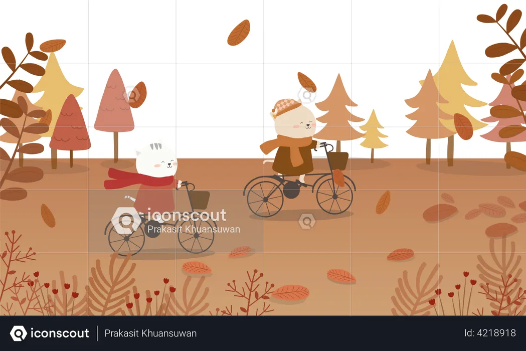 Joli couple de chats à vélo  Illustration