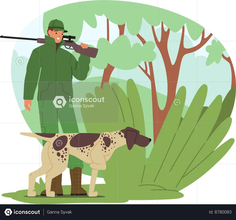 Chasseur mâle avec chien  Illustration