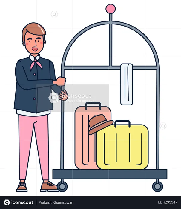 Groom transportant des bagages sur un chariot  Illustration