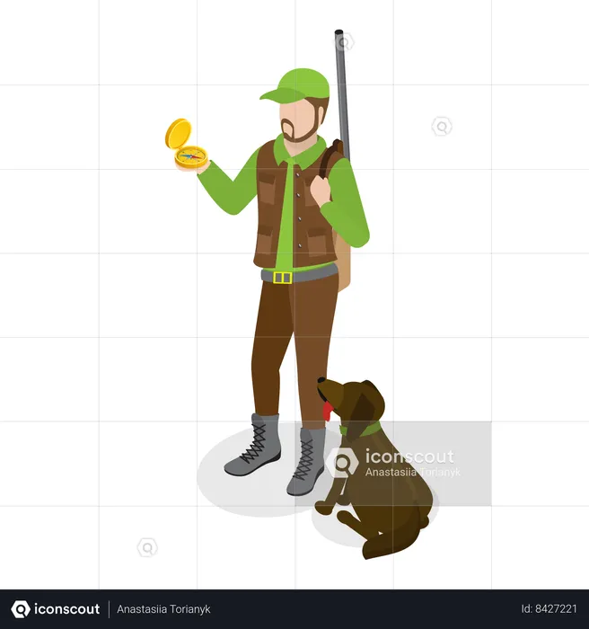 Chasseur utilisant une boussole pour trouver une direction dans la jungle  Illustration