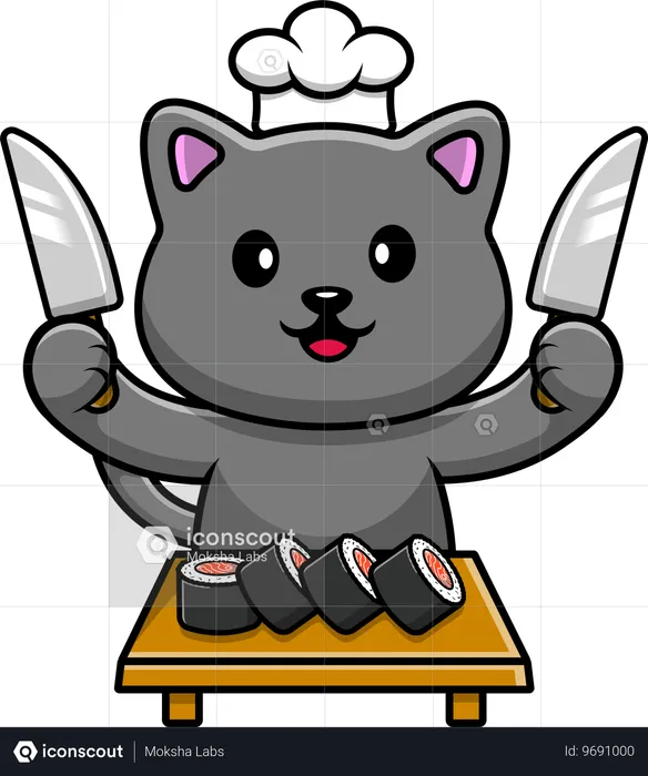 Chef de chat avec sushi et couteau  Illustration