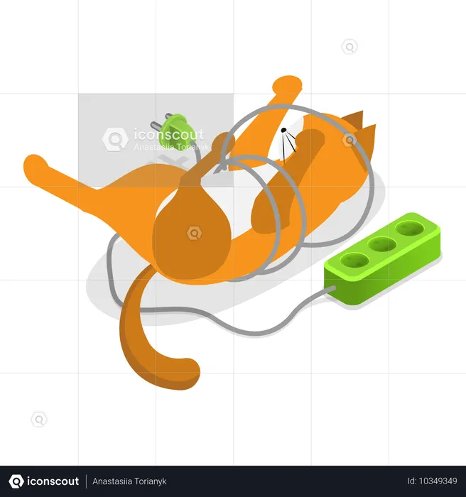 Chat empêtré dans un fil électrique  Illustration