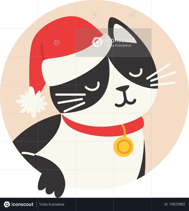 Chat noir et blanc avec un chapeau de Père Noël  Illustration