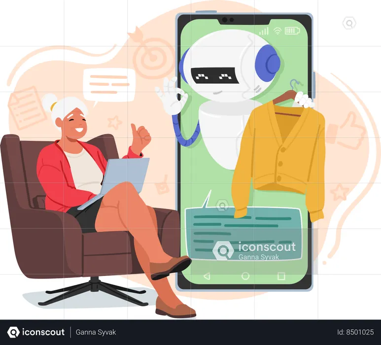 Chatbot ajuda idosa a fazer compras online  Ilustração