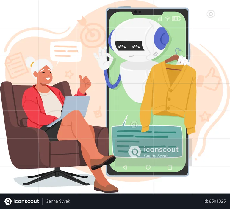 Chatbot helps elderly woman to doing online shopping  Illustration