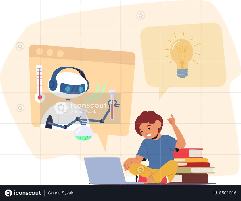 Chatbot is doing experiments while boy is thinking creative ideas  Illustration
