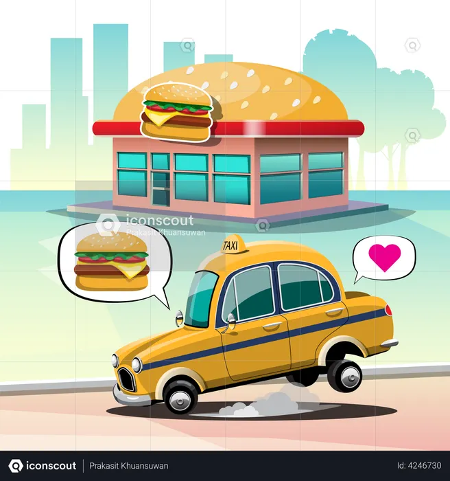 Chauffeur de taxi garé sur un magasin de hamburgers. acheter un burger au fromage pour manger pour le déjeuner  Illustration