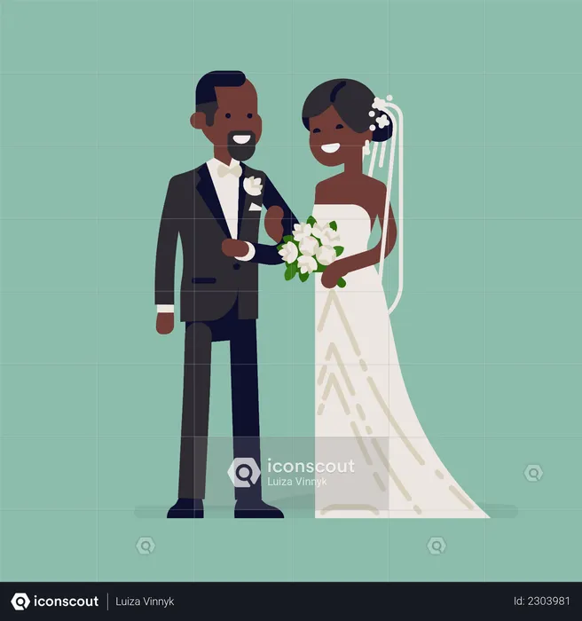 Cheerful African newlyweds standing together wearing wedding dresses  Illustration