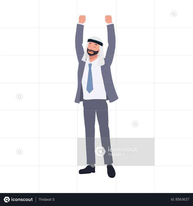 Cheerful Arab Businessman in suit Raises Hand in Victory  Illustration