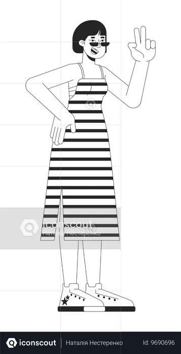 Cheerful asian woman with v gesture  Illustration