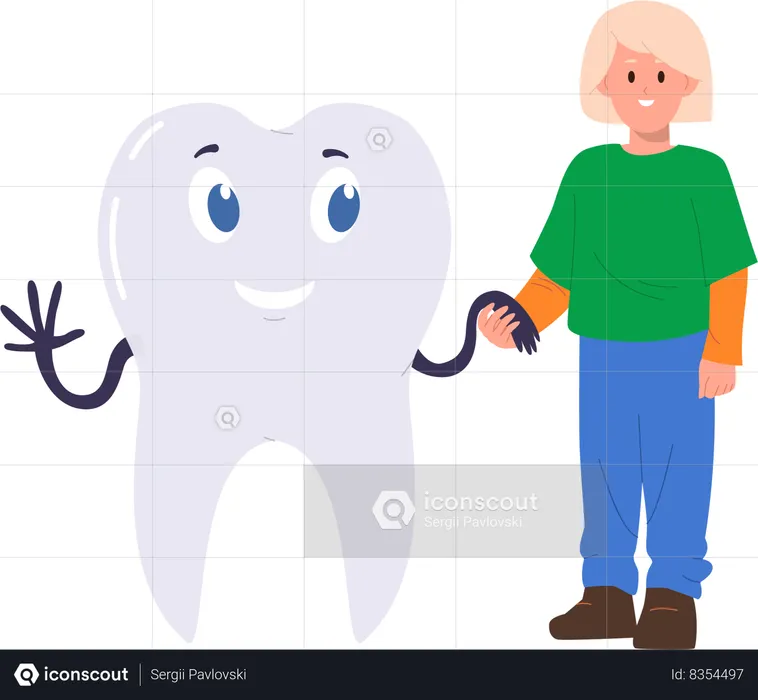 Cheerful boy child holding hand of big healthy white tooth  Illustration
