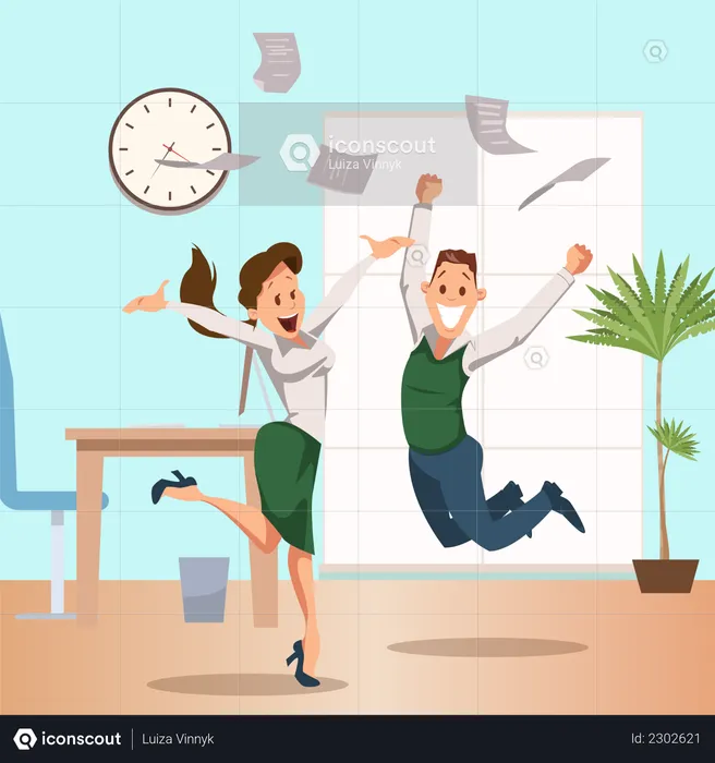 Cheerful business Coworkers celebrating business success and business paper floating on air  Illustration