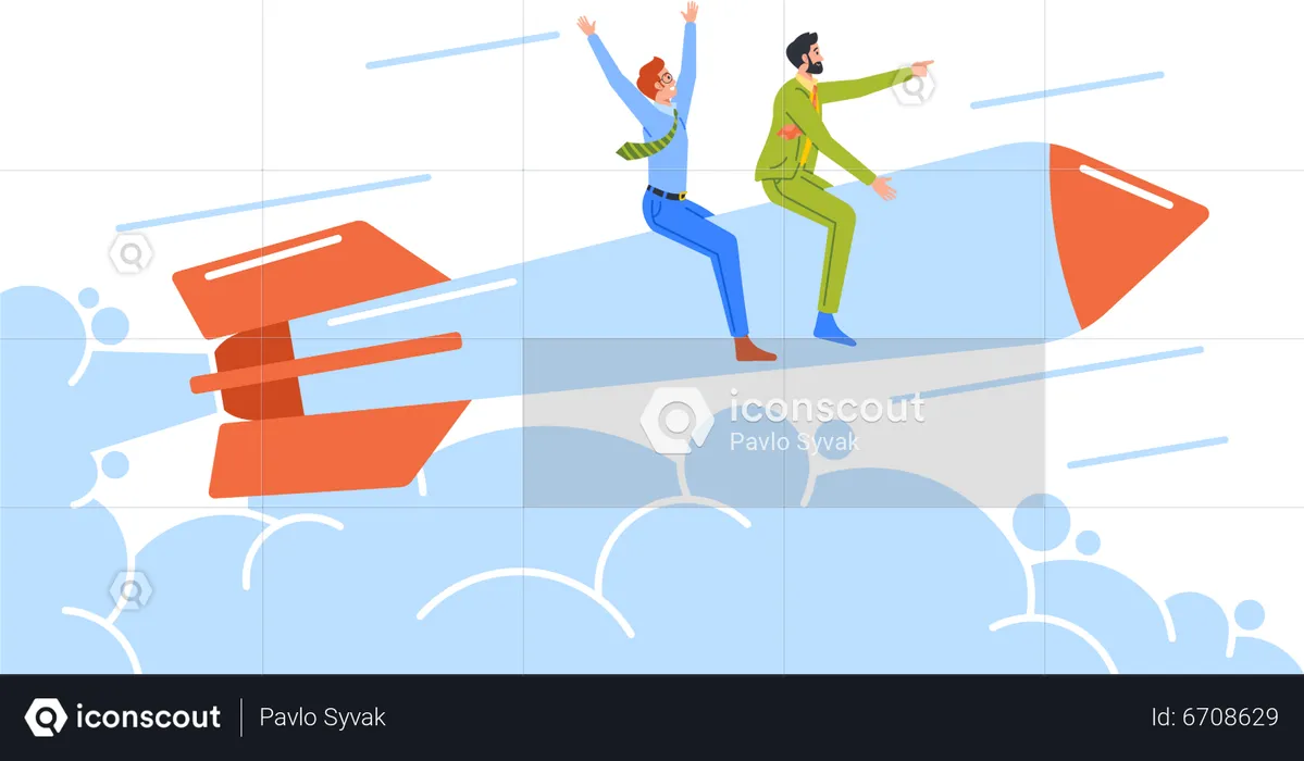 Cheerful Business Men Flying Up by Rocket Engine  Illustration