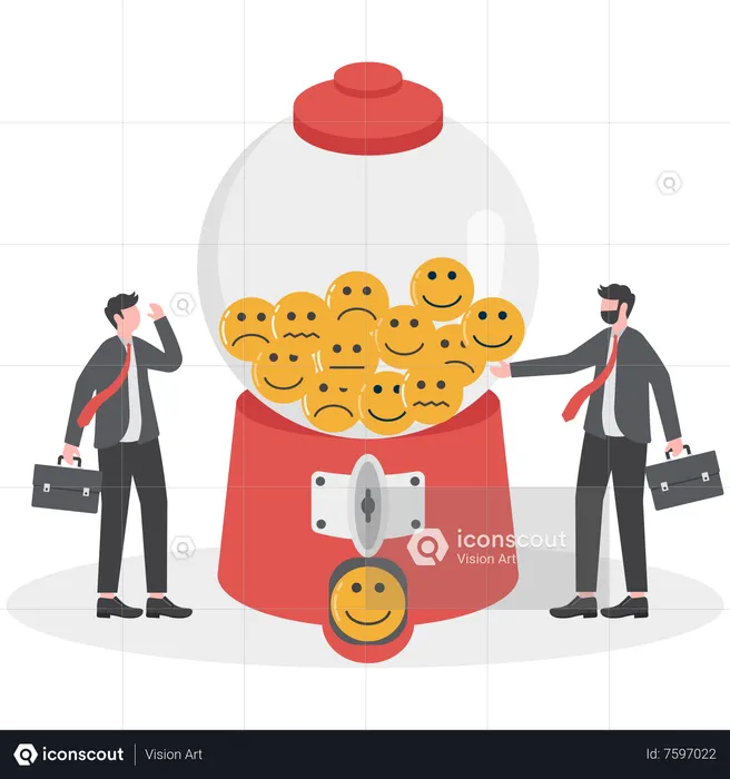 Cheerful businessman waiting gumball machine to give smile face  Illustration