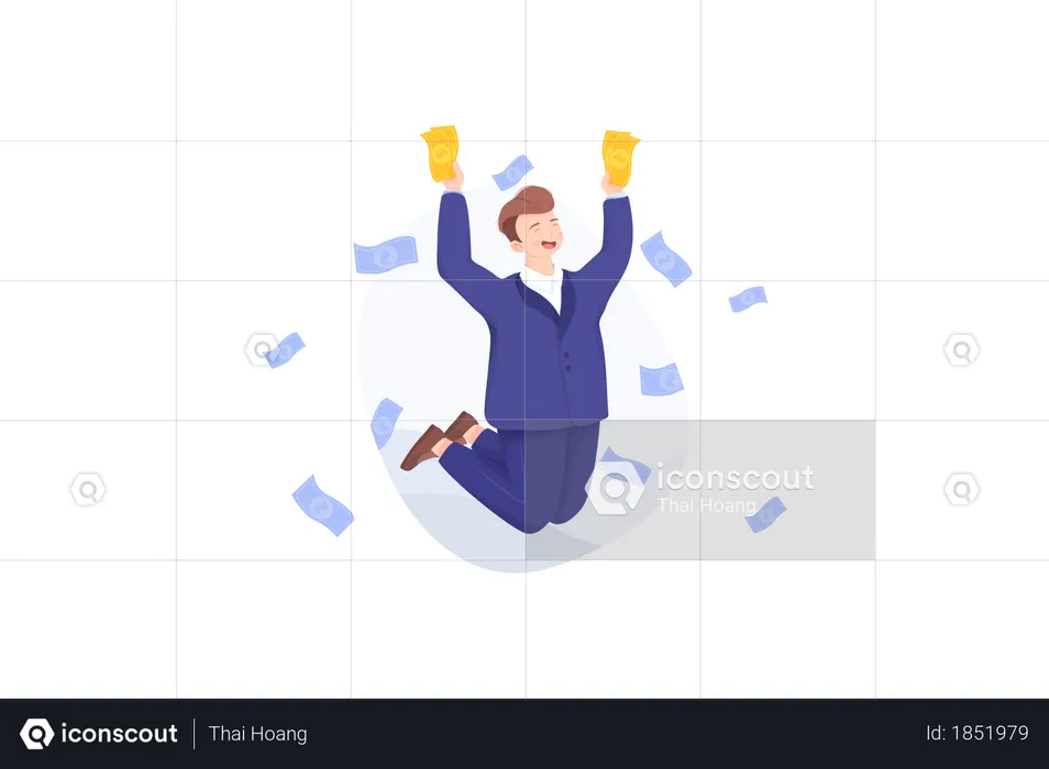 Cheerful businessperson with lots of money  Illustration