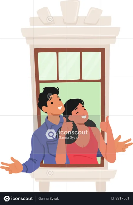 Cheerful couple gaze through the window  Illustration