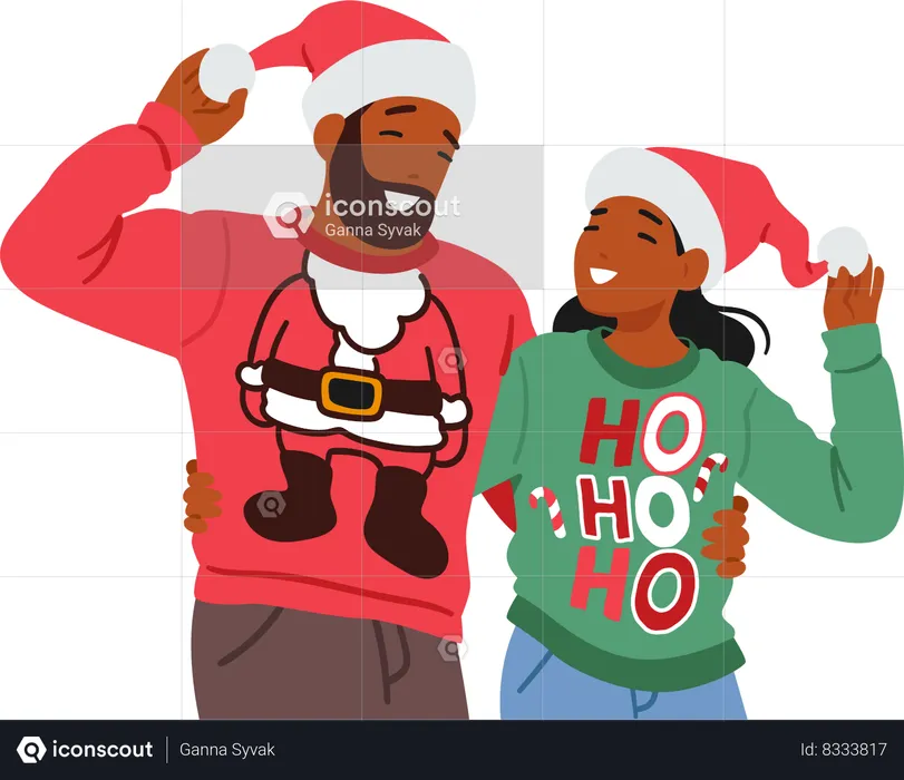 Cheerful Couple Male and Female Wearing Matching Christmas Sweaters Adorned With Festive Patterns  Illustration