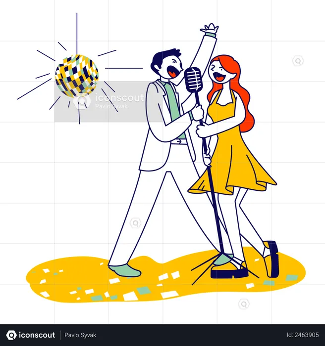 Cheerful Couple Singing Song with Microphones in Karaoke Bar or Nightclub with Stroboscope  Illustration