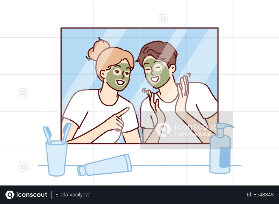 Cheerful couple with rejuvenating mask on faces look in mirror  Illustration