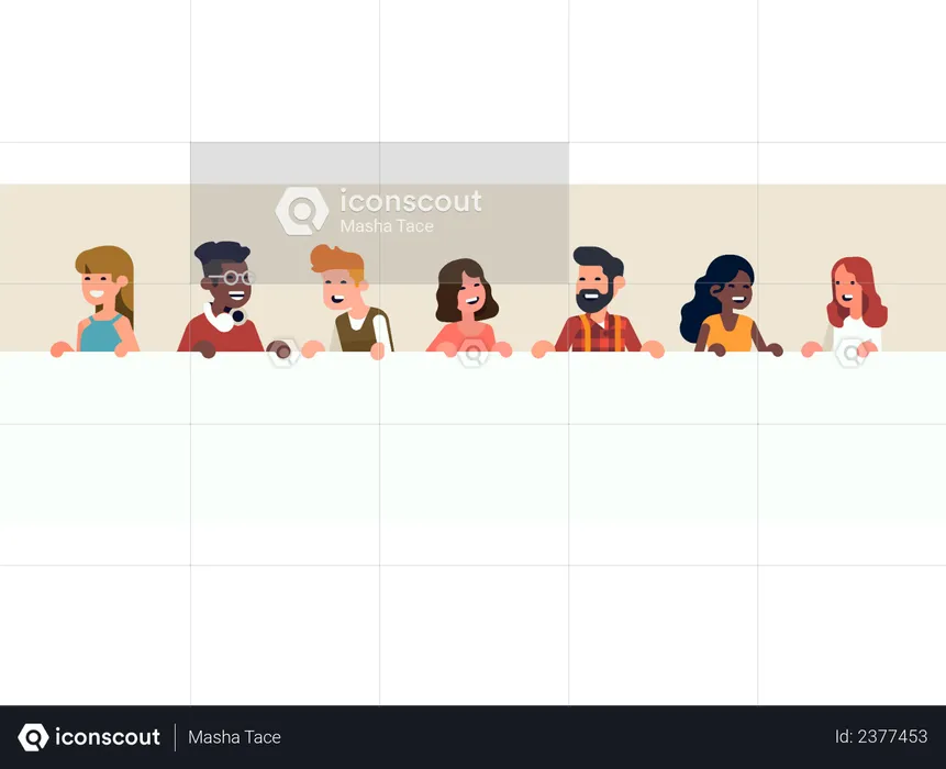 Cheerful diverse group of abstract people line up holding empty white horizontal banner  Illustration