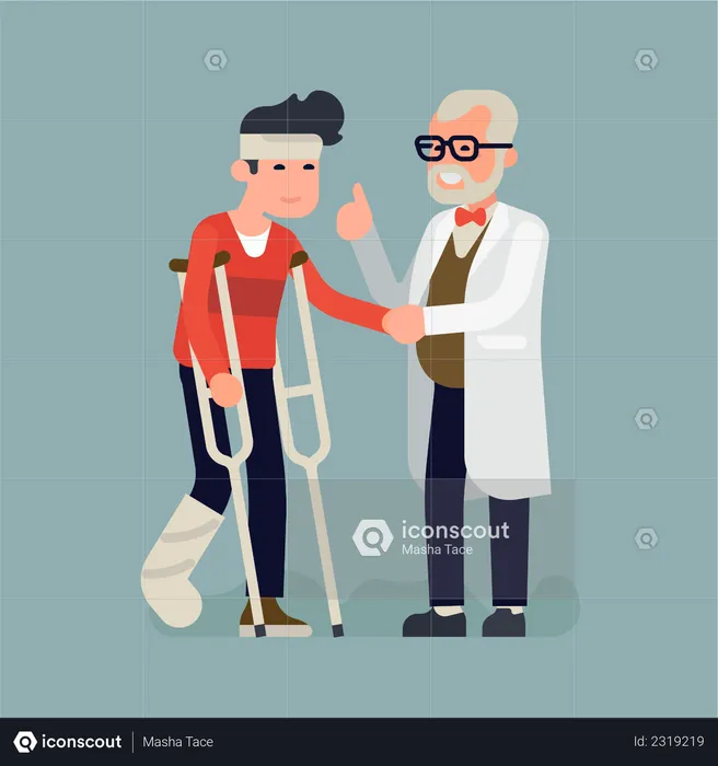 Cheerful doctor comforts injured person on crutches with a plaster cast on his leg and a bondage on head in recovery  Illustration