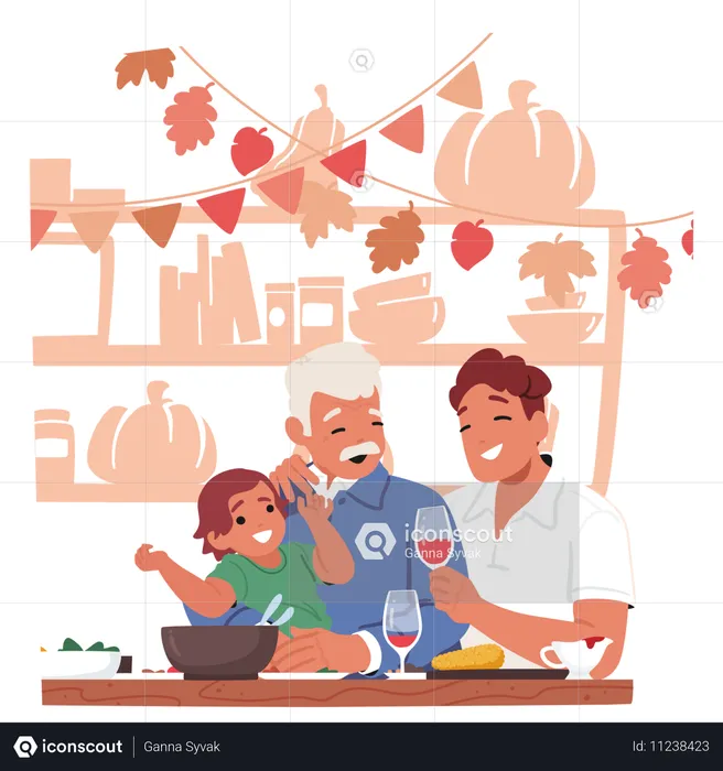 Cheerful Family Enjoying Thanksgiving Day Together At Dinner Table  Illustration