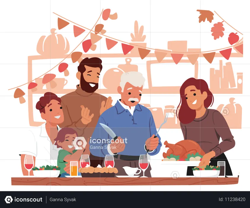 Cheerful Family Gathered Around Table Celebrating Thanksgiving With Turkey Dinner  Illustration