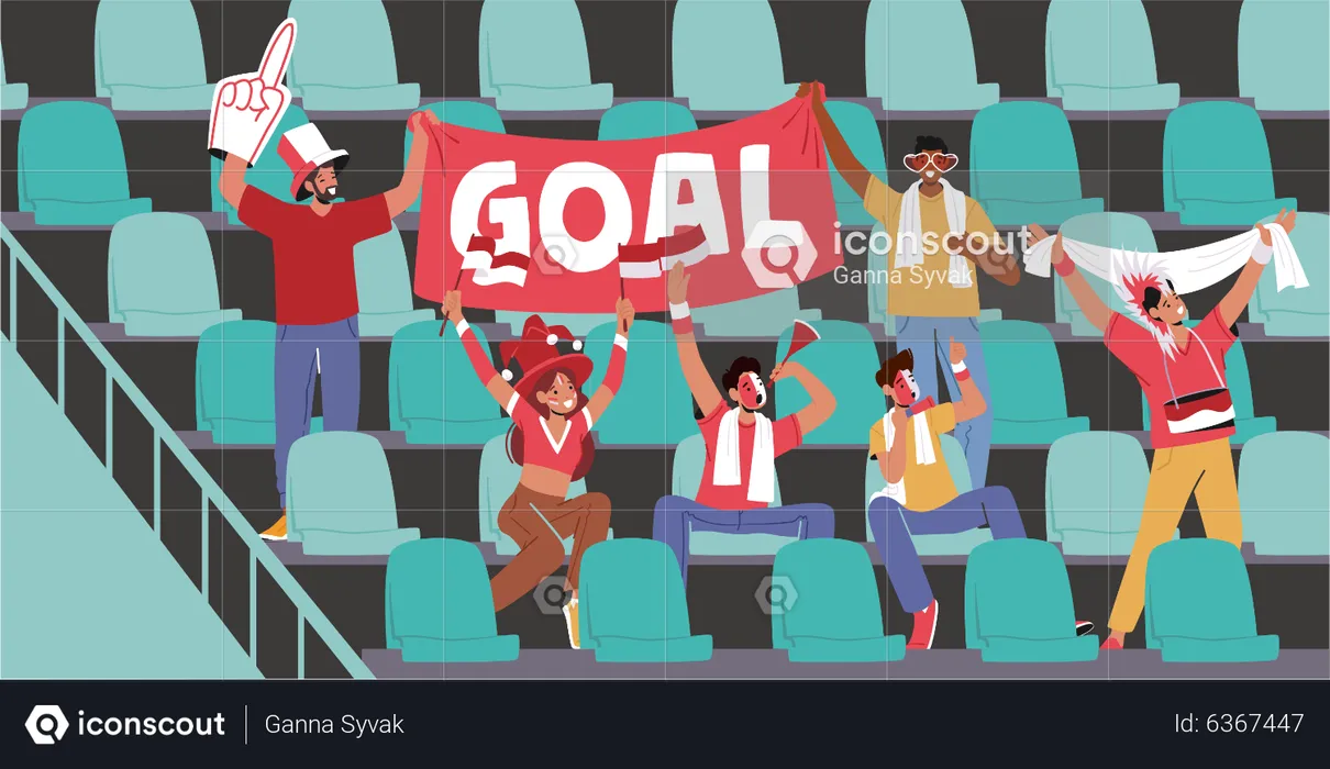 Cheerful fans cheering on tribunes  Illustration