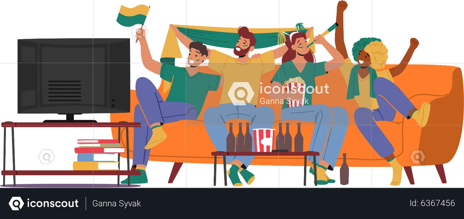 Cheerful fans watching on tv while cheering for favorite sport team  Illustration