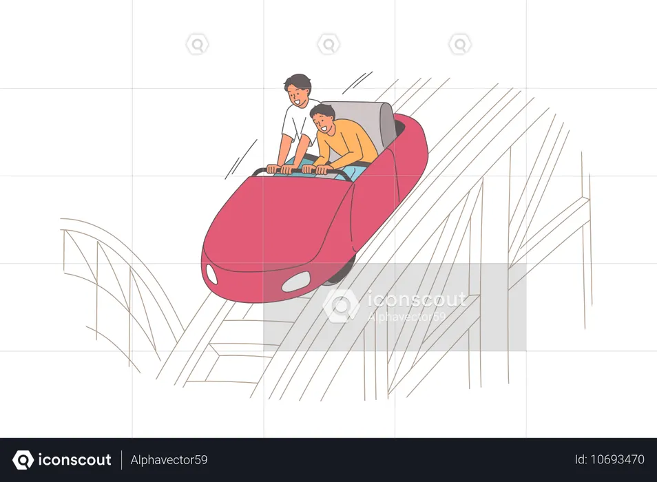 Cheerful friends ride roller coaster, enjoying adrenaline rush and relaxation in fresh air  Illustration