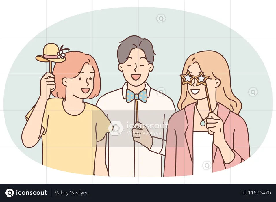 Cheerful friends with photo props pose for joint picture during birthday party or holiday festival  Illustration