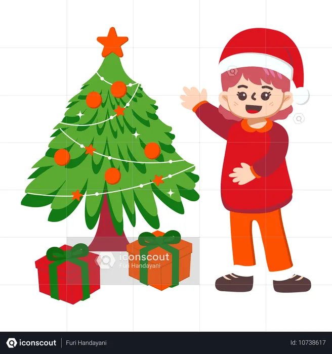 Cheerful girl decorating xmas tree  Illustration