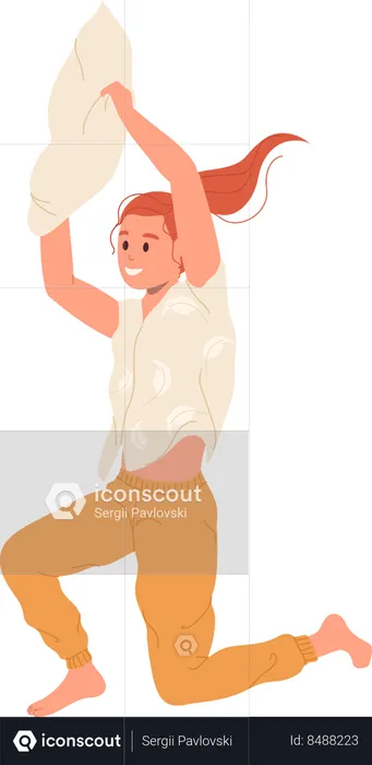 Cheerful girl jumping with pillow fooling around with joy  Illustration