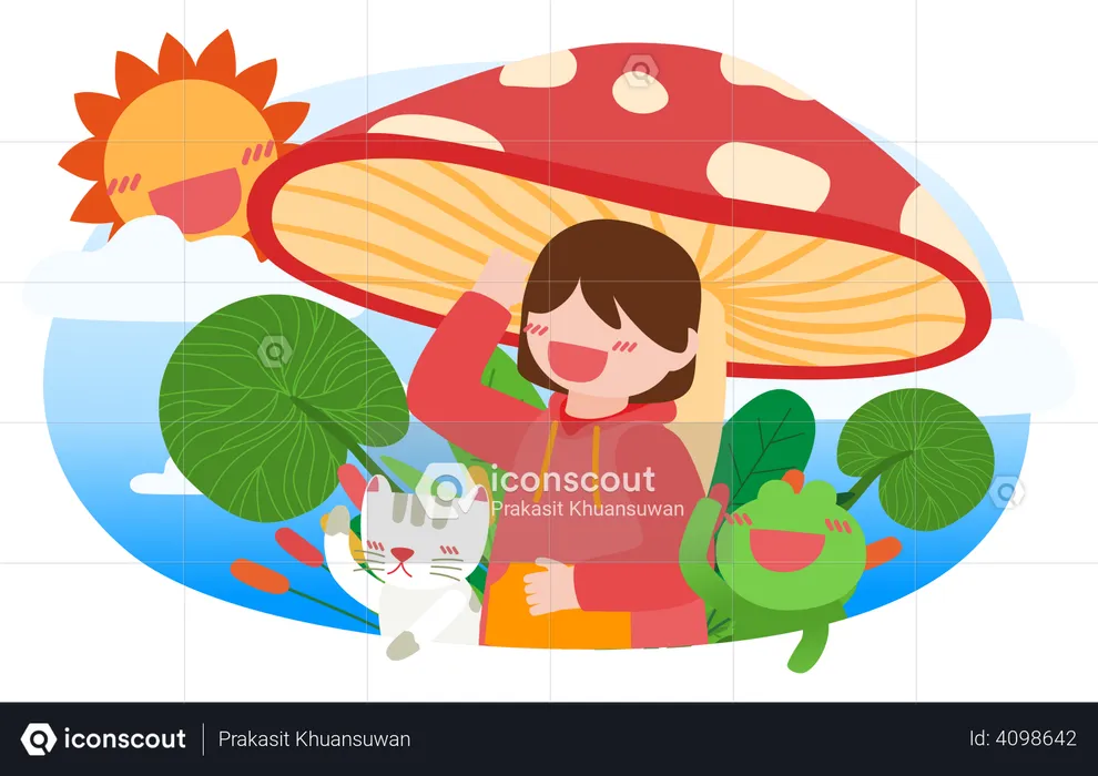 Cheerful girl playing with kitten and frog under large mushroom  Illustration