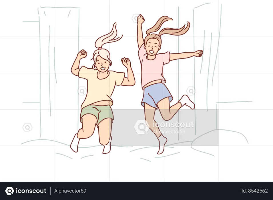 Cheerful girls jumping on bed in bedroom  Illustration