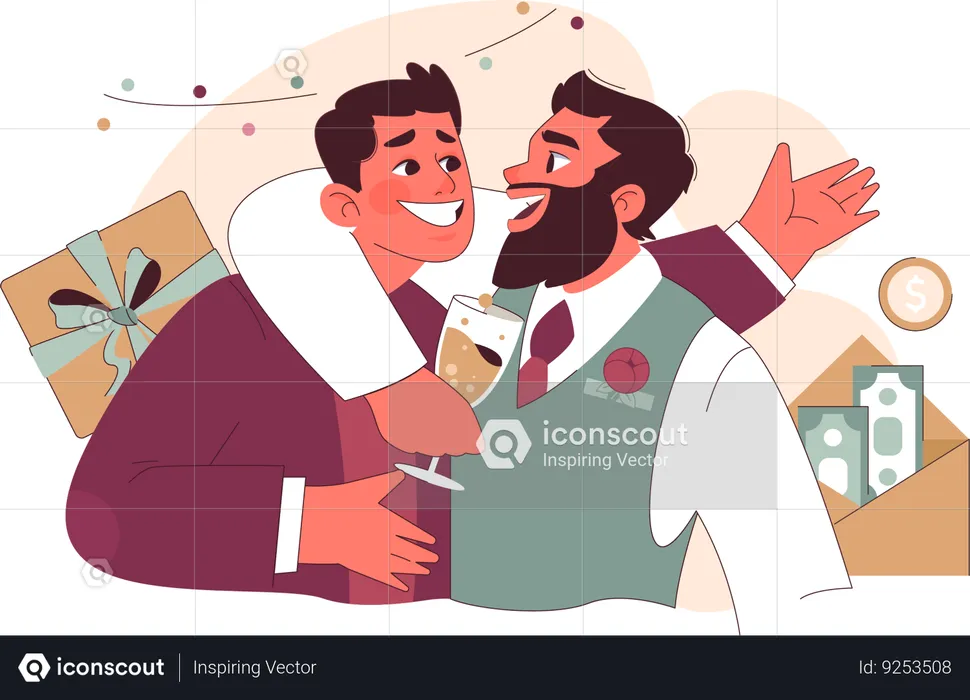 Cheerful groom embraces his best man while holding champagne glass  Illustration