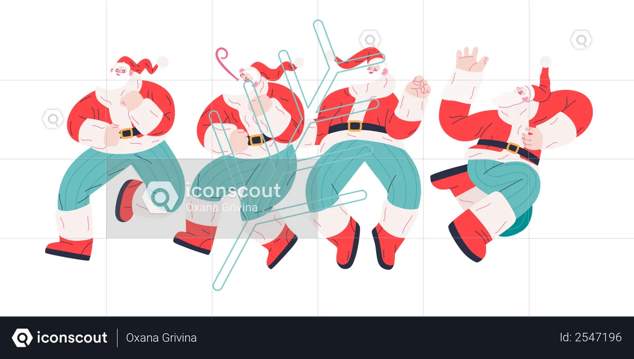 Cheerful Group of Santa Claus dancing in different ways  Illustration