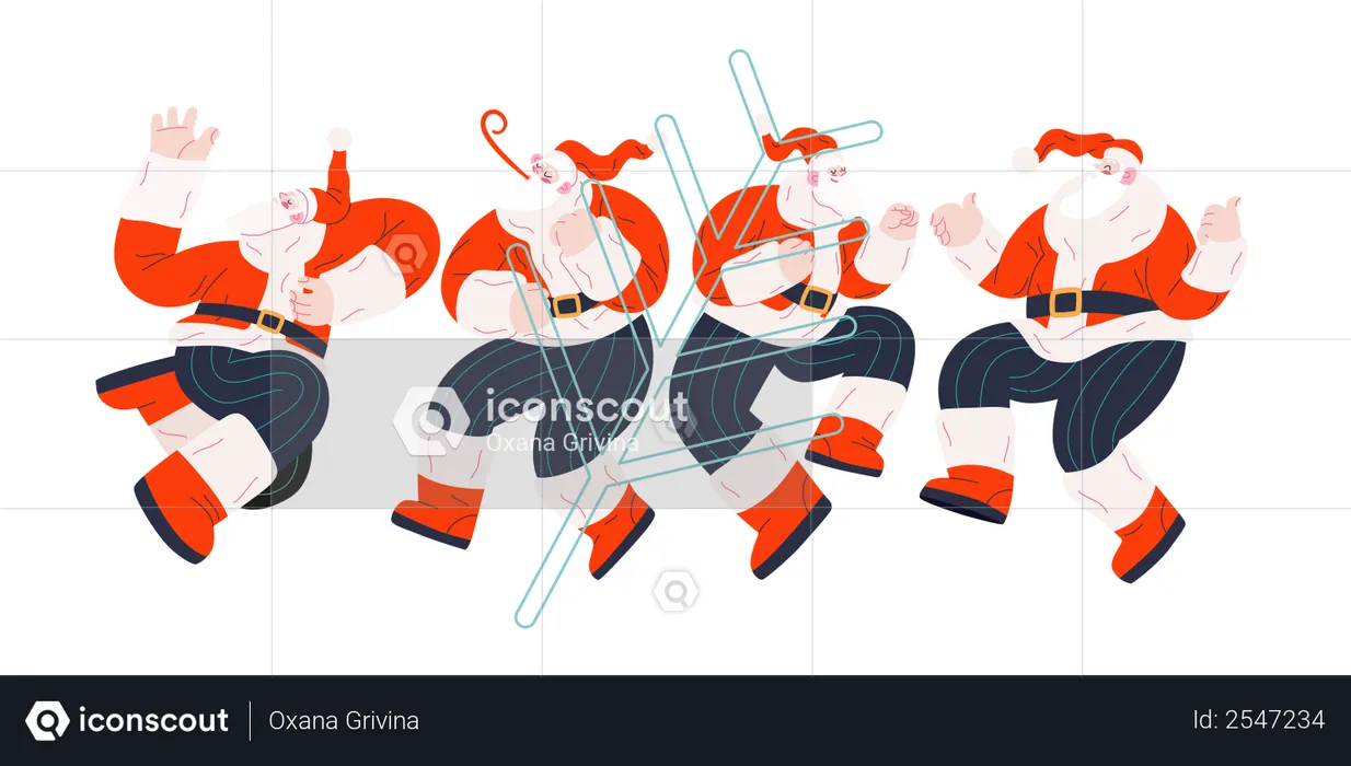 Cheerful Group of Santa Claus dancing in different ways  Illustration