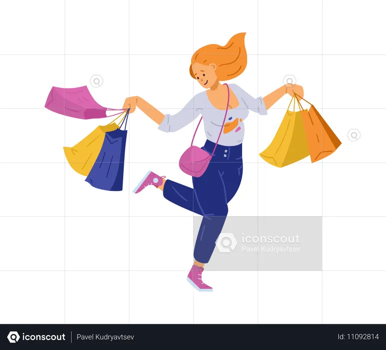 Cheerful happy young woman enjoying shopping  Illustration