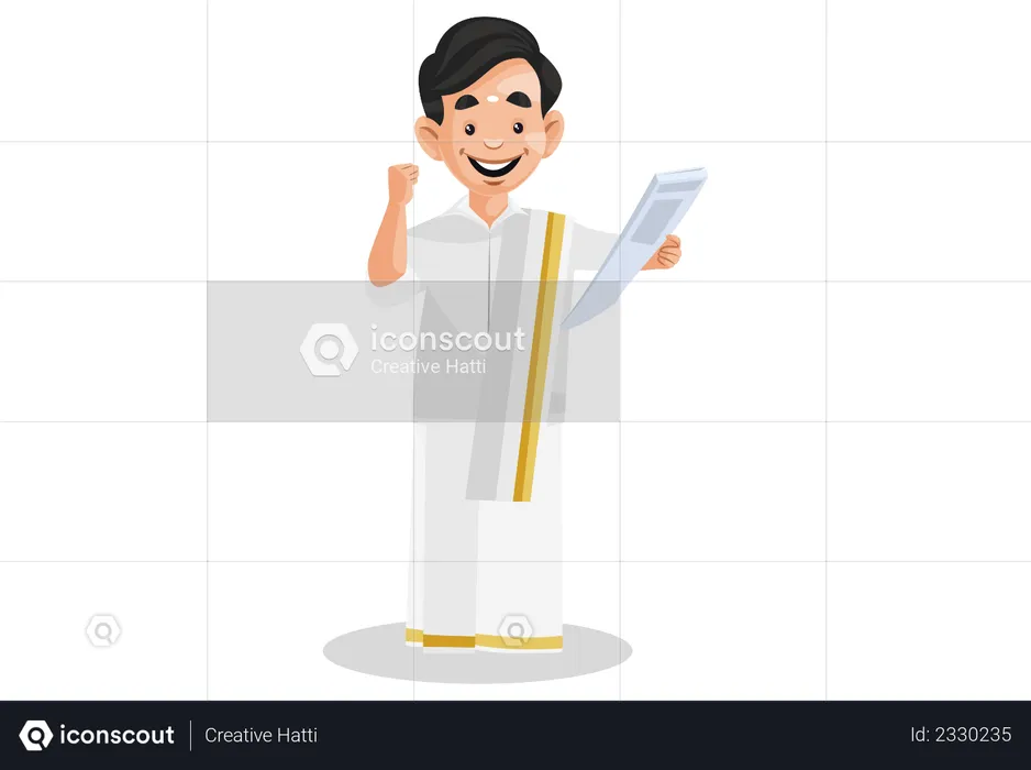 Cheerful Indian Malayali man holding the news paper in hand  Illustration