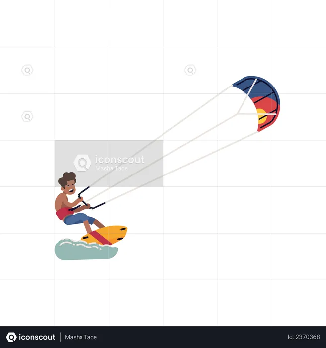 Cheerful kiteboarder pulled by a power kite  Illustration