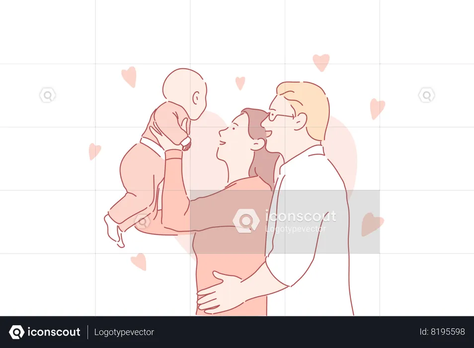 Cheerful man and woman with newborn baby  Illustration