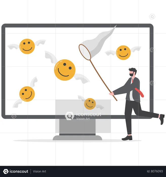 Cheerful man catch smiling face with butterfly net metaphor of happiness.  Illustration