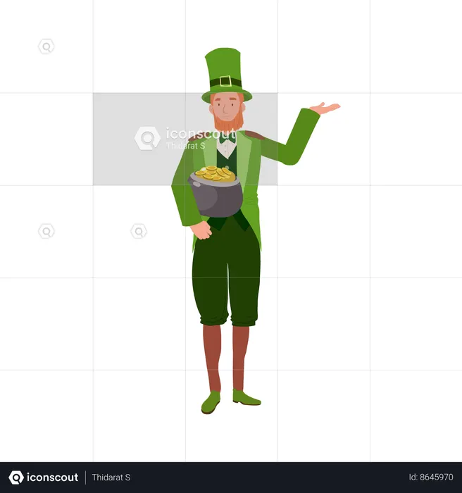 Cheerful Man in Leprechaun Costume with Gold Pot doing welcome and gesture  Illustration