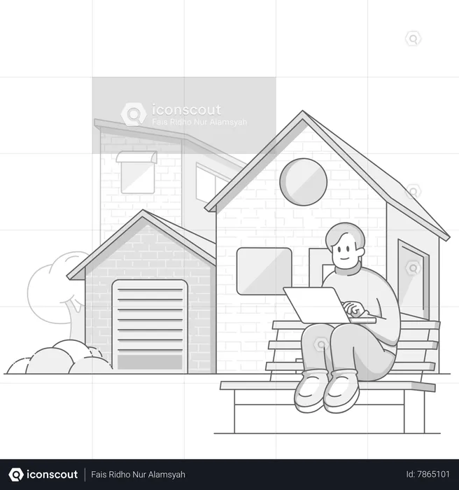 Cheerful Man Sitting in Front of house  Illustration